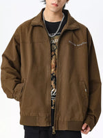 Men's plus size zip up long sleeve cotton jacket with pockets in brown