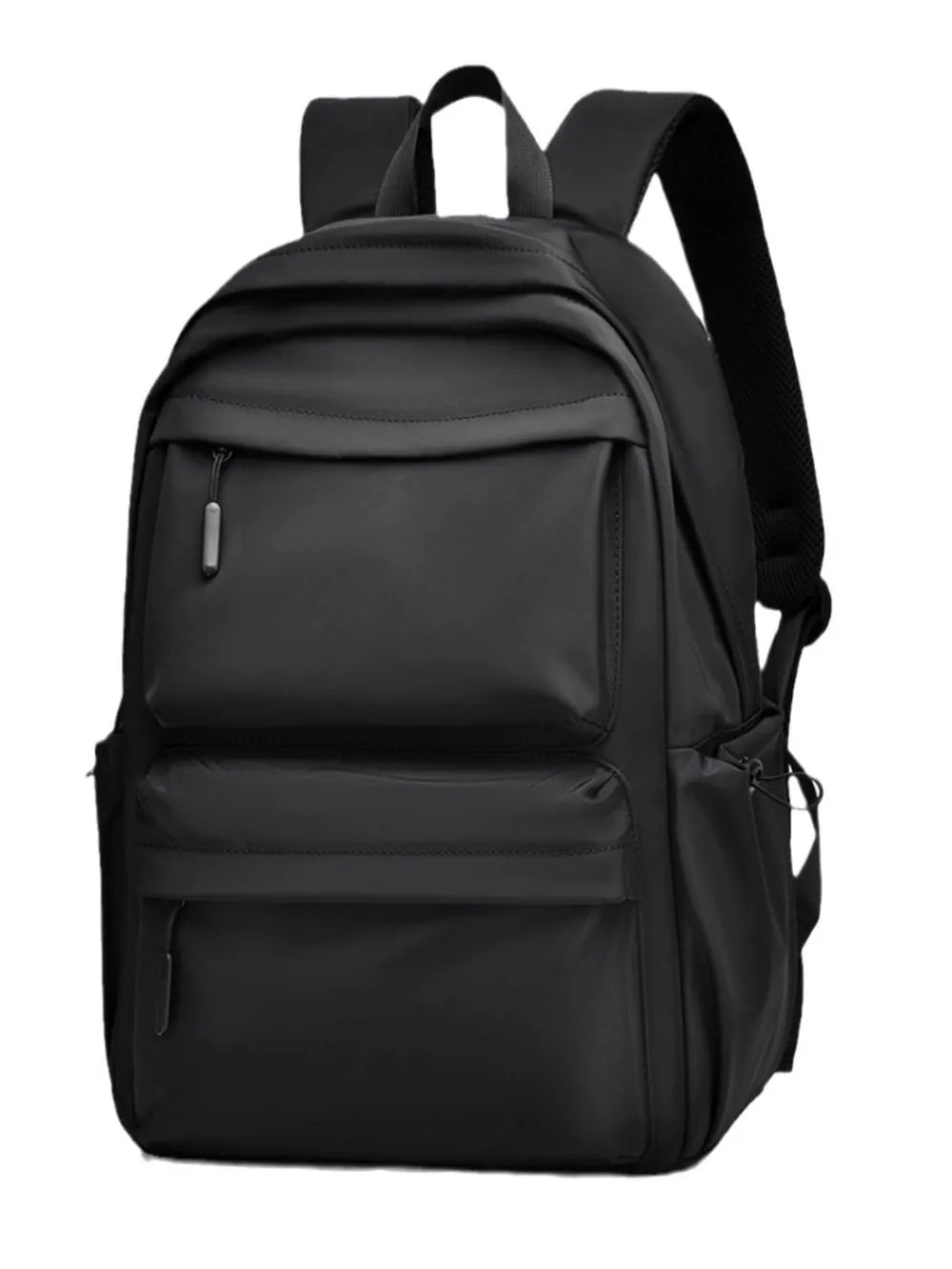 Black PU leather multi pocketed adjustable strap backpack with medium size and multiple zippered compartments