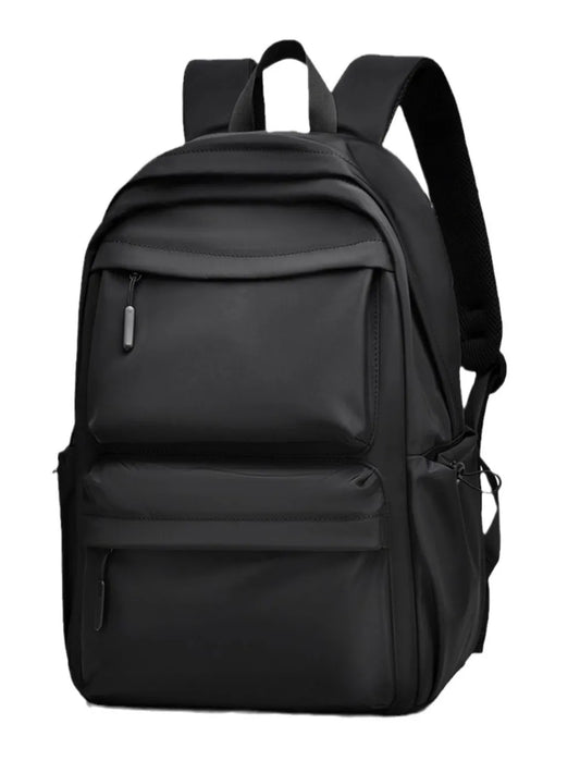 Black PU leather multi pocketed adjustable strap backpack with medium size and multiple zippered compartments