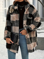 Button down collared neck plaid teddy coat with pockets in black and beige oversized style