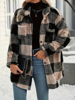 Button Down Collared Neck Plaid Teddy Coat with Pockets
