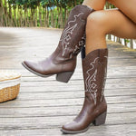 Western Embroidered Mid-Calf Boots in brown PU leather with high heels and decorative white stitching