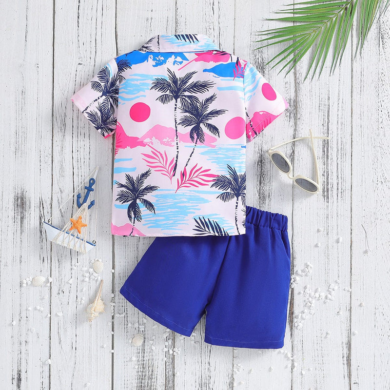 Summer New Boys' Short-sleeved Printed Shirt And Shorts Two-piece Set