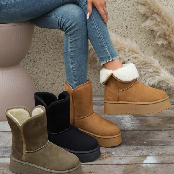Round toe platform boots in brown, black, and olive with fluff lining, flat rubber sole, and PU leather material
