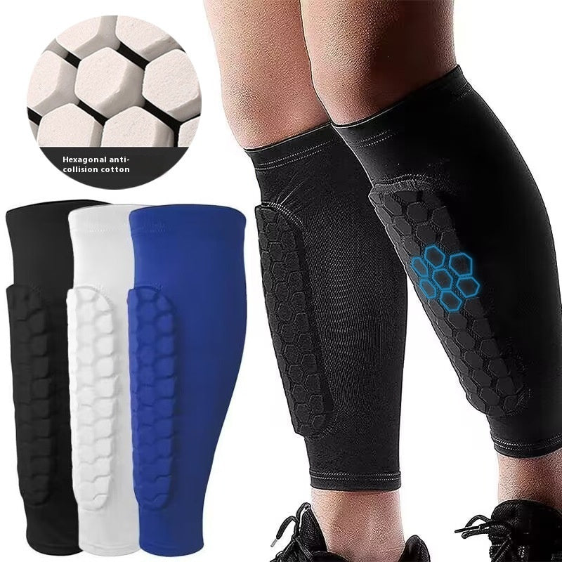 Men's honeycomb shank protection socks in black, white, and blue, featuring anti-collision and non-slip design.