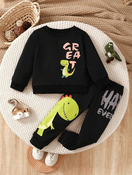 Children's black dinosaur graphic sweatshirt and pants set with colorful dinosaur prints and comfortable fit