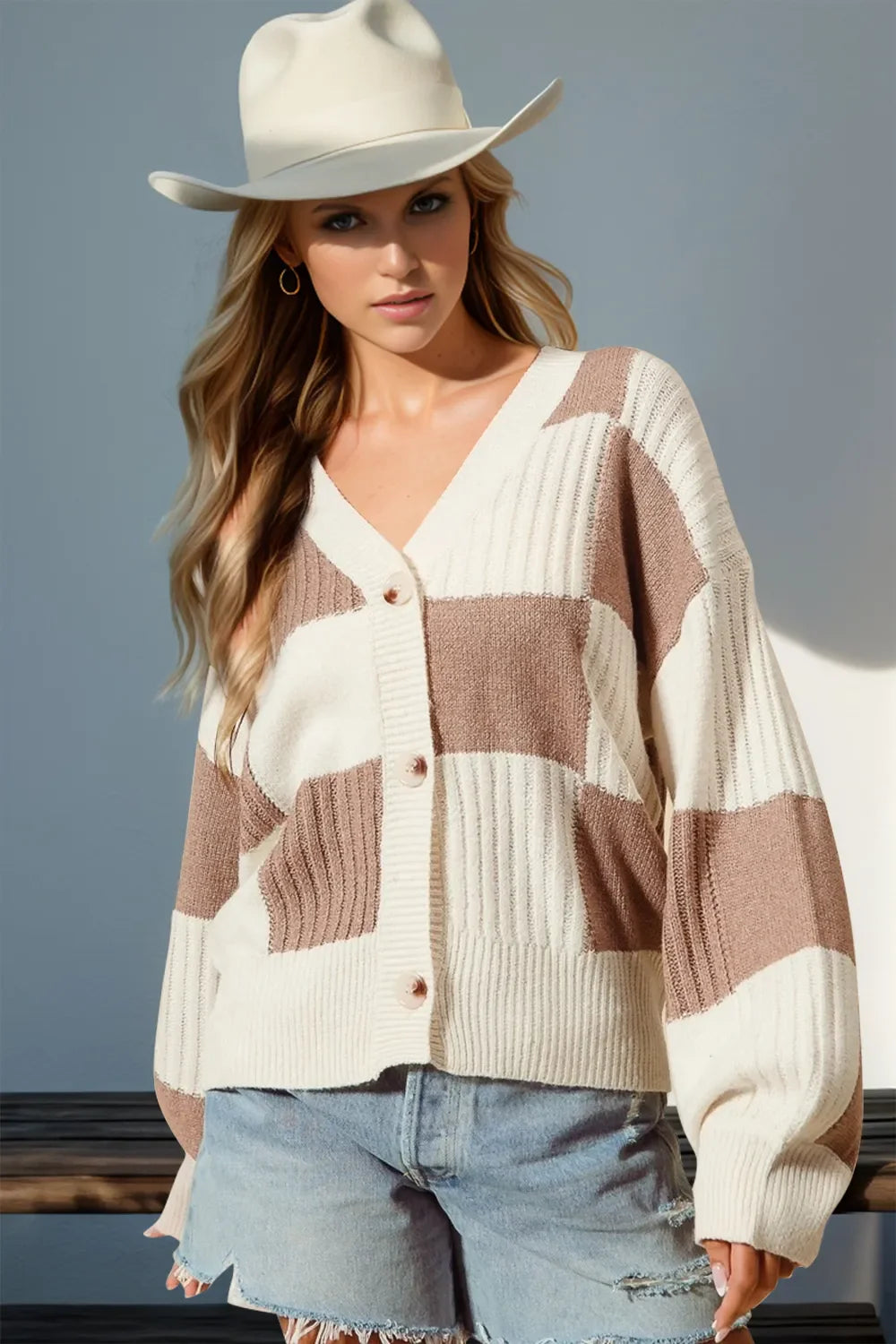Double Take Full Size checkered dropped shoulder cardigan buttoned slightly stretchy polyester