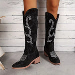 Black embroidered round toe block heel boots made of PU leather with mid heels