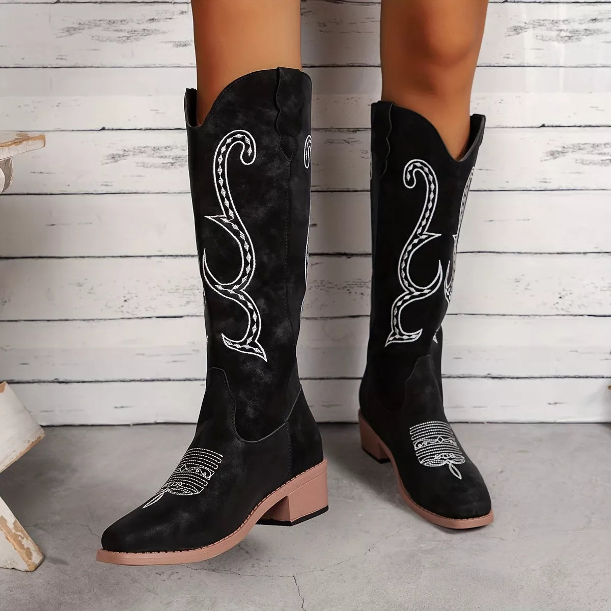 Black embroidered round toe block heel boots made of PU leather with mid heels