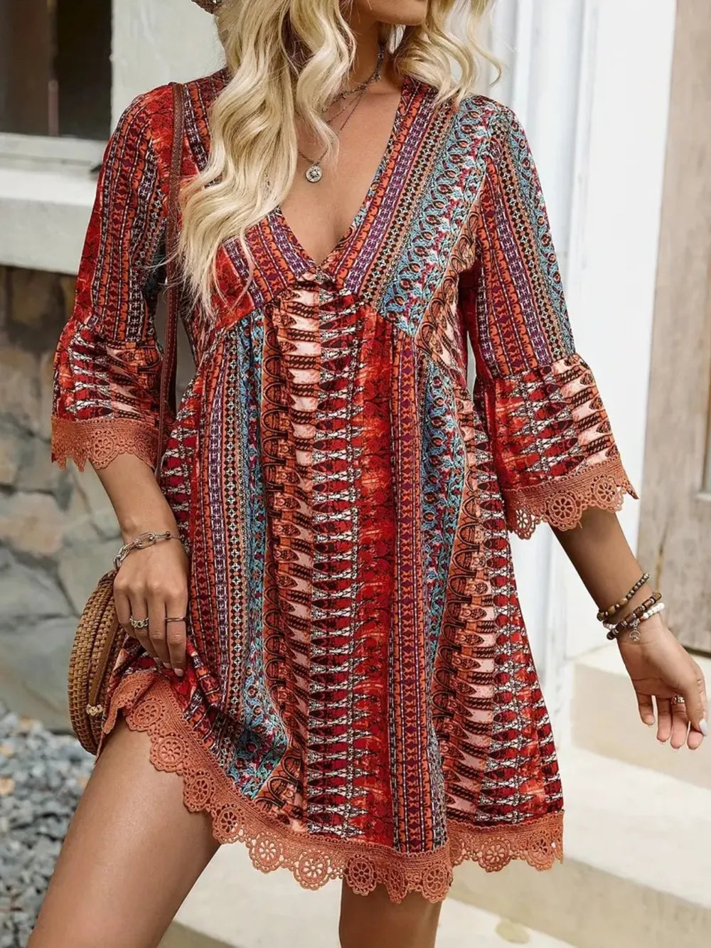 Lace trim printed V-neck 3/4 sleeve dress with colorful pattern and scalloped hem detailing