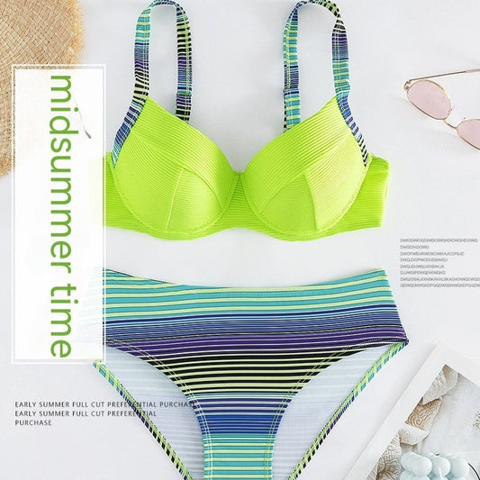 Green printed sexy halter bikini set for women with split style and sleeveless design.