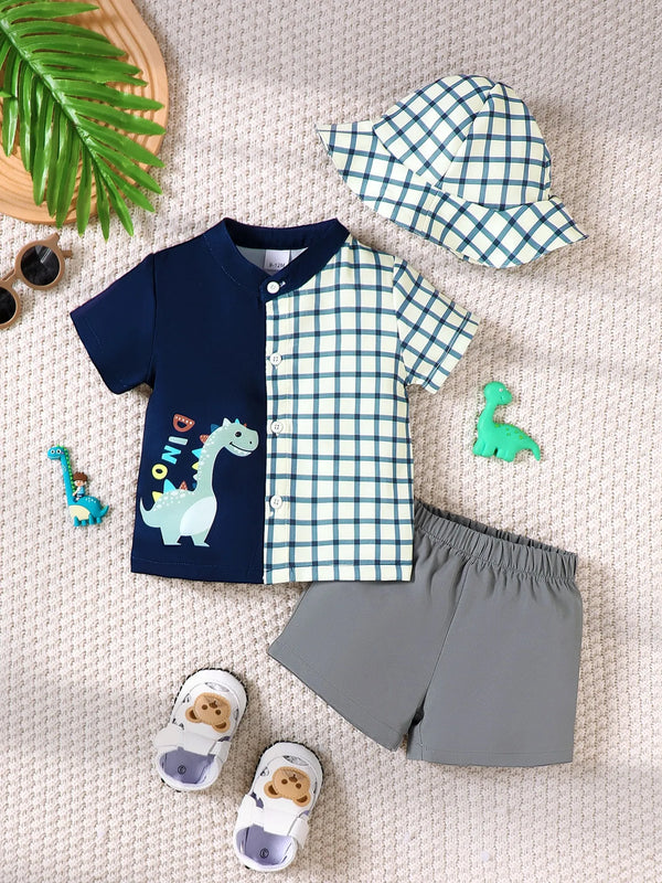 Children's hat dinosaur 3-piece set with plaid button-up top and gray shorts for toddlers