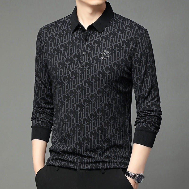 Middle-aged men's fashion black polo collar top with letter pattern.