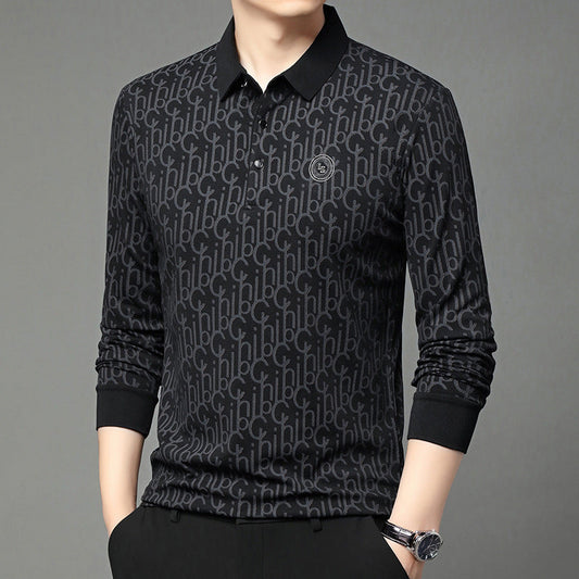 Middle-aged men's fashion black polo collar top with letter pattern.