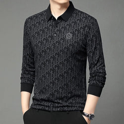 Middle-aged men's fashion black polo collar top with letter pattern.