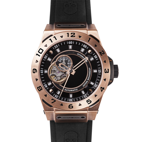 Vento Black Rose Gold watch with rose gold stainless steel case, black dial, open window, black silicone strap, and Japanese automatic movement