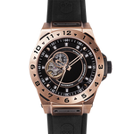 Vento Black Rose Gold watch with rose gold stainless steel case, black dial, open window, black silicone strap, and Japanese automatic movement
