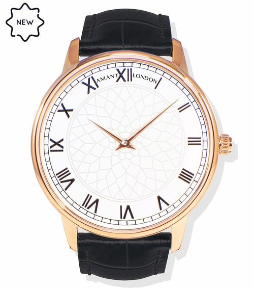 London Gold classic watch with 40mm rose gold case, black leather strap, and sapphire glass