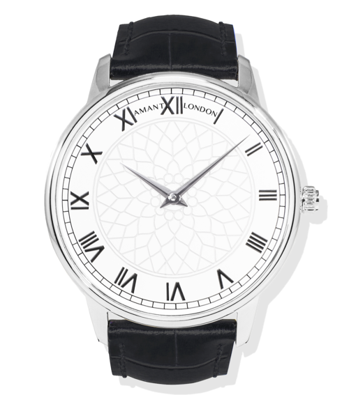 LONDON SILVER classic silver watch with black leather strap and Roman numerals