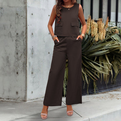 Leisure Solid Color Sleeveless Top Wide Leg Trousers Suit