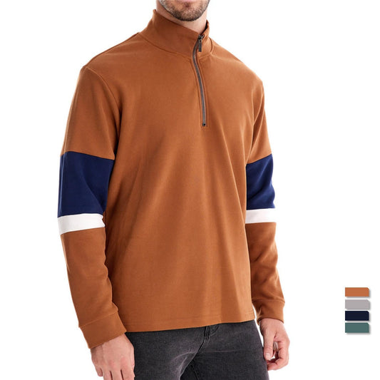 Polo collar contrast color casual hoodie in khaki with navy and white accents.