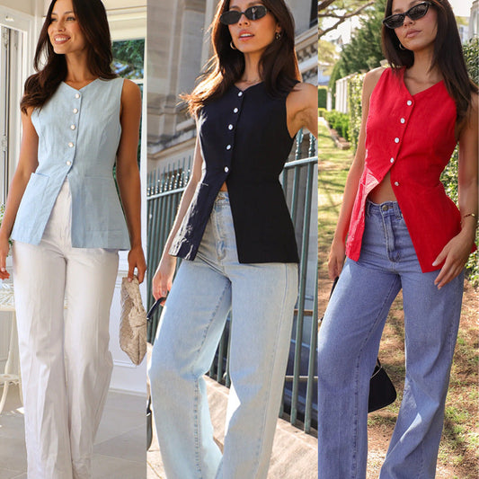 Solid color V-neck sleeveless vest in sky blue, black, and red with slim fit design.