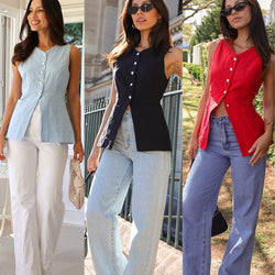 Solid color V-neck sleeveless vest in sky blue, black, and red with slim fit design.