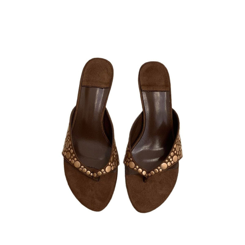 Retro Rivet Suede Stiletto Heel Flip-flops Women's High Heels