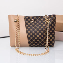 Dotted prints chain shoulder messenger bag in black and brown PU material.