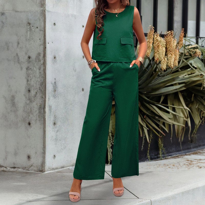 Leisure Solid Color Sleeveless Top Wide Leg Trousers Suit
