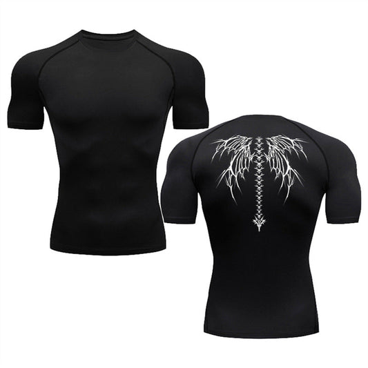 Summer men's short-sleeved black quick-drying T-shirt with stylish printed design.