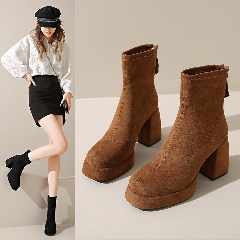 Fashion back zipper suede women's boots with chunky heel.