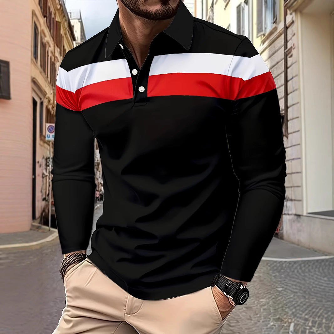 Men's button casual slim 3D printed long sleeve with lapel, featuring digital print and polyester fabric, suitable for spring and autumn.