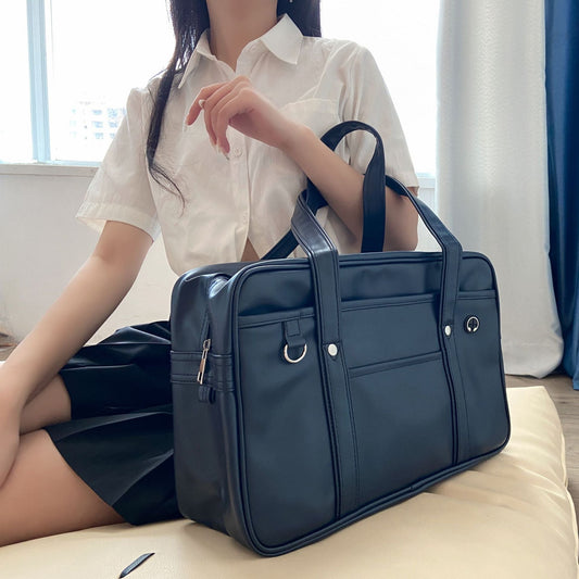 Large size blue school handbag shoulder briefcase, waterproof and wear-resistant, made of PU leather.