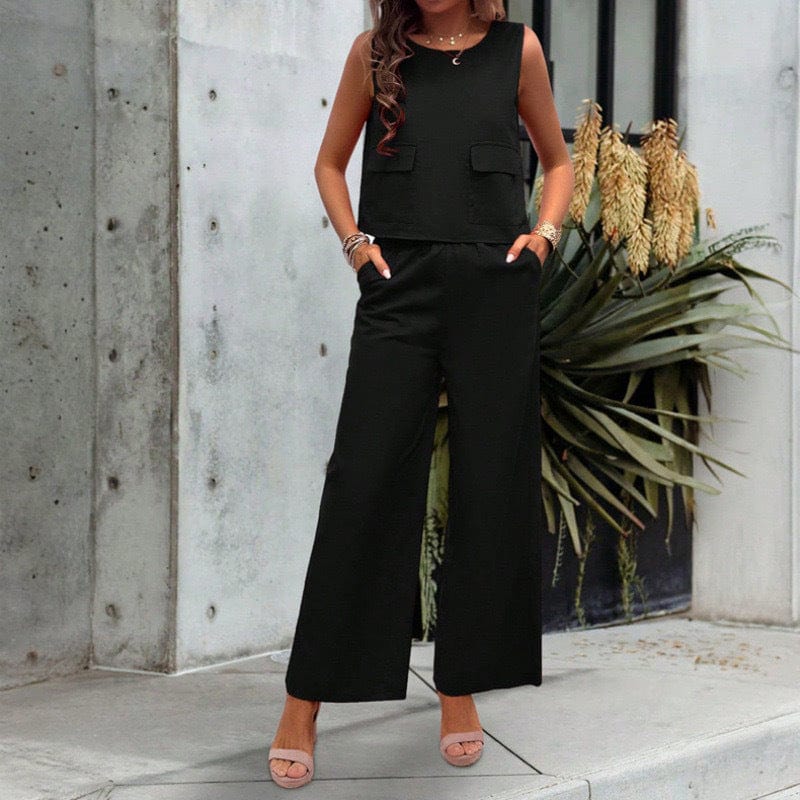 Leisure Solid Color Sleeveless Top Wide Leg Trousers Suit