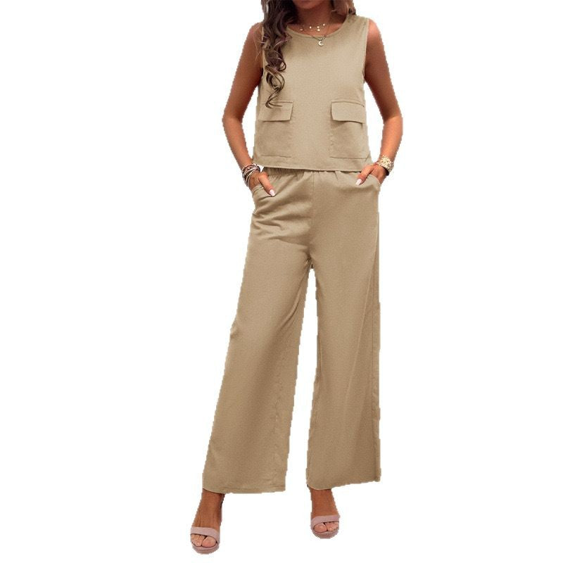 Leisure Solid Color Sleeveless Top Wide Leg Trousers Suit