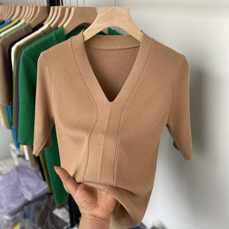 Ice Silk Slim Fit Slim Looking Base Knitwear Short Sleeve
