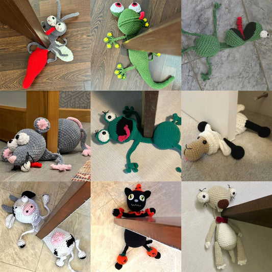Hand-knitted animal door stop ornaments with creative designs including frog, mouse, goat, cow, and cat.