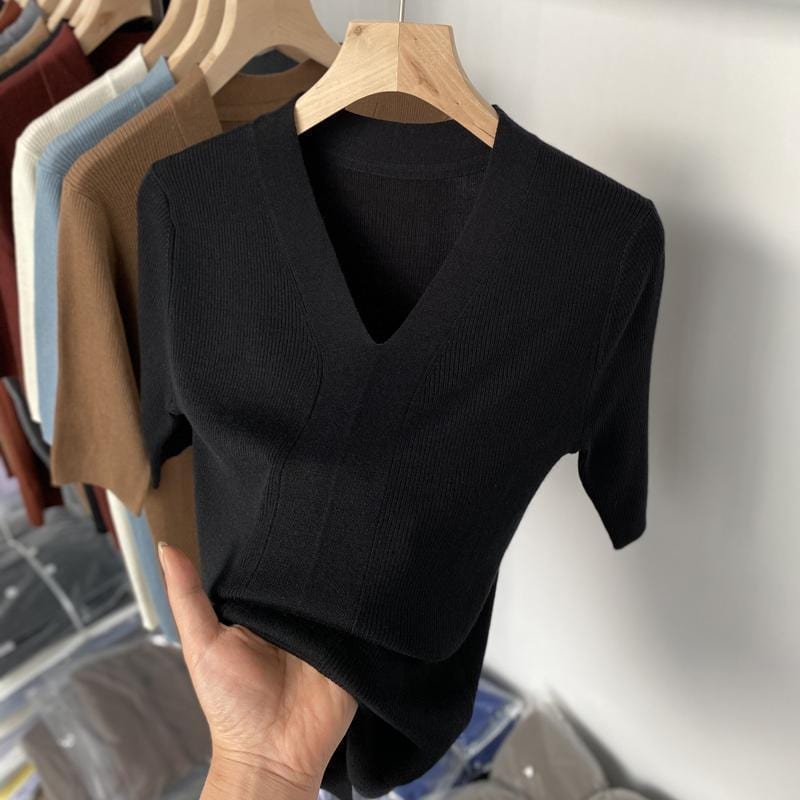 Ice Silk Slim Fit Slim Looking Base Knitwear Short Sleeve