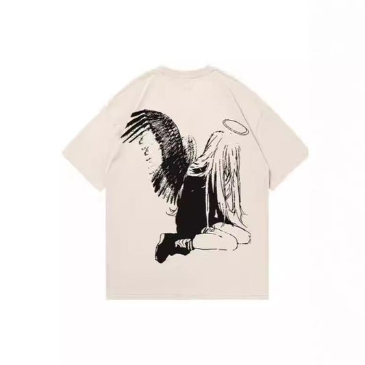 Hip Hop Men's Cartoon Angel Wings Printed T-shirt, short sleeve, summer wear, sports style, polyester fabric.