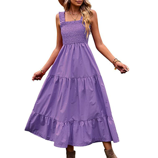 Casual Bohemian sleeveless spaghetti strap women's summer maxi dress in purple.
