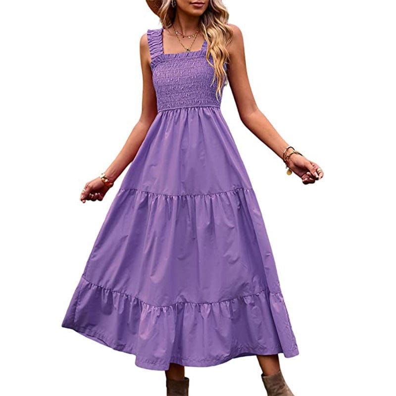 Casual Bohemian sleeveless spaghetti strap women's summer maxi dress in purple.