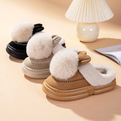 Fur slippers with thick bottom, fleece-lined, available in khaki, brown, and black colors, featuring bow and sewing line accents.