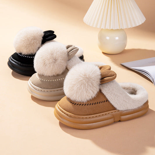 Fur slippers with thick bottom, fleece-lined, available in khaki, brown, and black colors, featuring bow and sewing line accents.