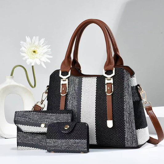 Crossbody large capacity canvas contrast color handbag with PU lining, urban simplicity style.