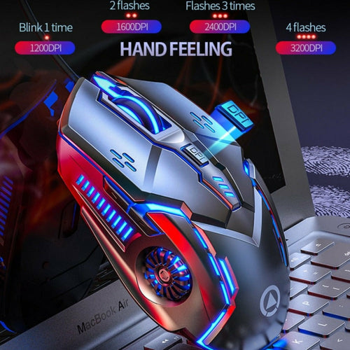 Dragon 6 Buttons 3200 DPI wired gaming mouse with customizable DPI and RGB breathing light on laptop