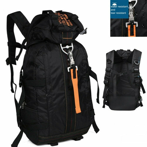 Waterproof lightweight hiking backpack in black tear-resistant nylon with multiple compartments and heavy-duty zippers