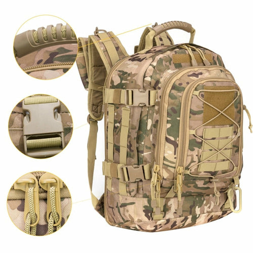 Large capacity waterproof backpack in camouflage with adjustable straps and multiple compartments for outdoor camping