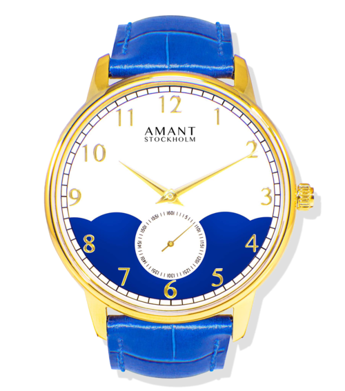 Stockholm luxury watch with blue leather strap, gold case, and white dial