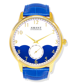 Stockholm luxury watch with blue leather strap, gold case, and white dial